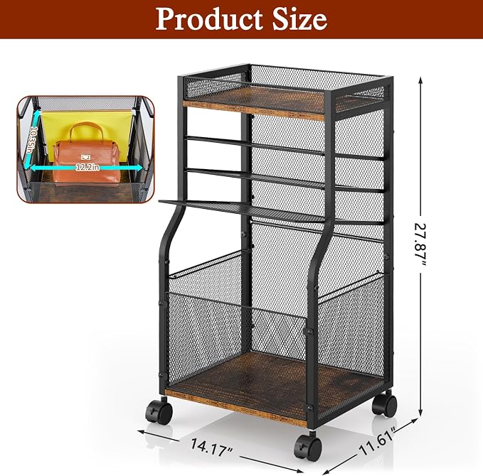 3IngSeagulls Rolling File Cart, 5-Tier Mobile Filing Cabinet on Lockable Wheels, Under Desk Storage, Mesh Sliding Hanging Folder, Office Storage & Organization Cabinet for Office, Home, and School