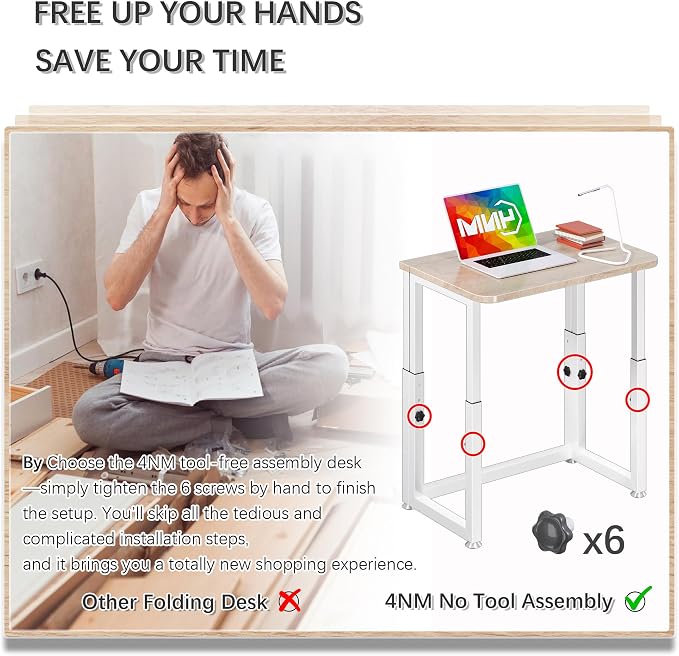 4NM No Tool Assembly 23.6" Small Desk, Folding Portable Desk with Wheels, Adjustable Height Foldable Computer Home Office Desks, Collapsible Study Writing Table for Space Saving Bedroom - Cloud Oak