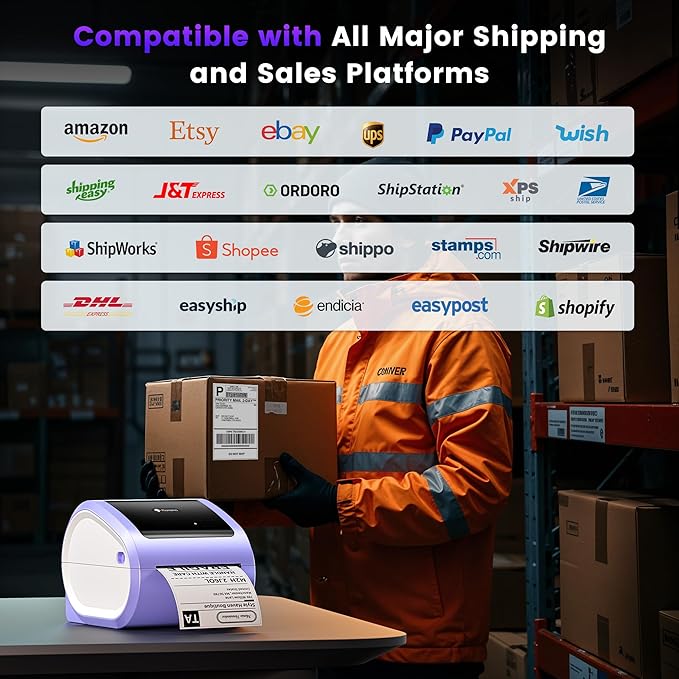 Phomemo D520BT Bluetooth Thermal Label Printer, 4X6 Wireless Shipping Label Printer Build-in Holder, Thermal Label Maker for Shipping Package, Compatible with Amazon, USPS, Shopify, Ebay, Purple
