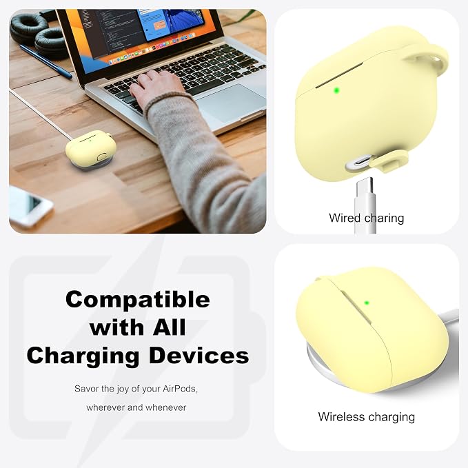 R-fun for AirPods Pro 2 Case, Soft Silicone Protective Cover with Keychain and Cleaning Pen, Compatible with AirPods Pro 2nd/1st Generation, Supports Wireless Charging, Cream Yellow
