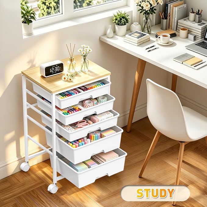 SUNALLY Rolling Carts with 5 Drawers, Storage Drawer Carts for Craft, White | Rolling Utility Cart with Wooden Tabletop & 2 Lockable Wheels, Teacher Storage Cart for Classroom School, Makeup, Nail, Art