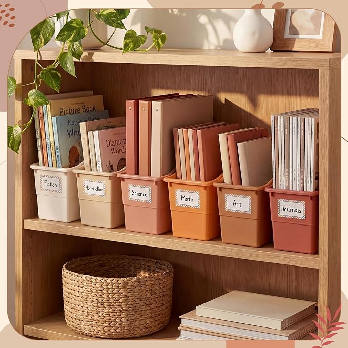Blosssound 6 Set Book Bins for Classroom Stackable,Earth Tones | Plastic Baskets with Labels, Slanted Front, Library Supplies Organizers, Desktop Storage Bins, Teachers Home School Use