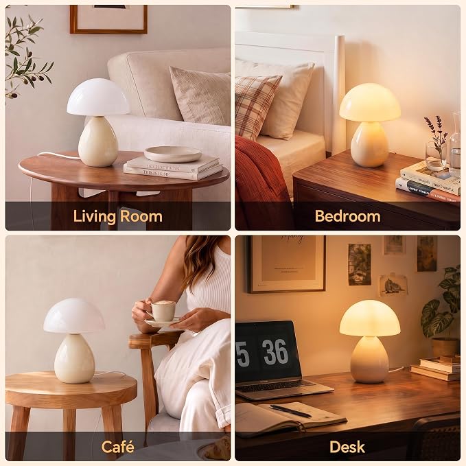 Mushroom Lamp Table Lamp for Bedroom-Small Desk Table Lamps,Cream | Ice Crackle 8.7" Mid Century Modern Table Lamps for Living Room Bedroom Decor,Ceramic Lamps for Home Room Decor,Glass Shade