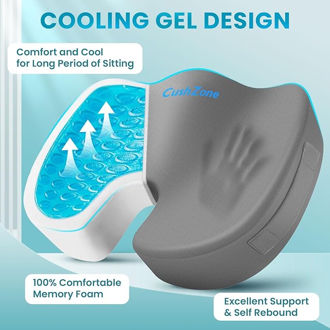 Office Chair Seat Cushion, Cooling Gel Enhanced Memory Foam Cushion for Long Sitting - Back, Sciatica, Coccyx, Tailbone Pain Relief Pillow - for Office, Gaming, Car, Wheelchair - Light Grey, Large