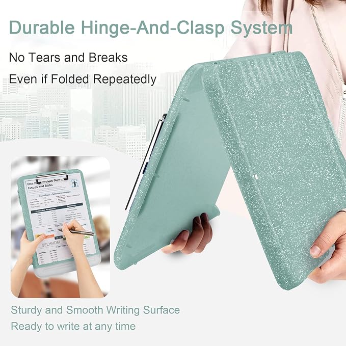 Glitter Clipboard with Storage,Storage Clipboard with Pen Holder,A4 Binder Clip Boards 8.5x11 with Low Profile Clip,Side Opening Sparkle Clipboards, Clipboards Folder for Office Supplies-Grayish Green