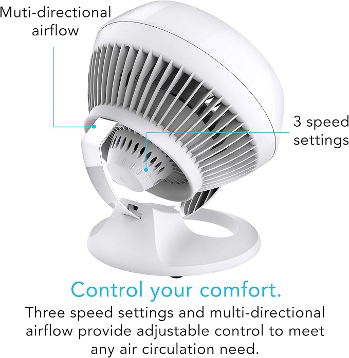 Vornado 460 Small Desk Fan with 3 Speed Settings, Adjustable Tilt Chrome Glide Bar, for Bedroom, Office, Home, Air Circulation up to 70 Feet, Quiet Table Fan, White