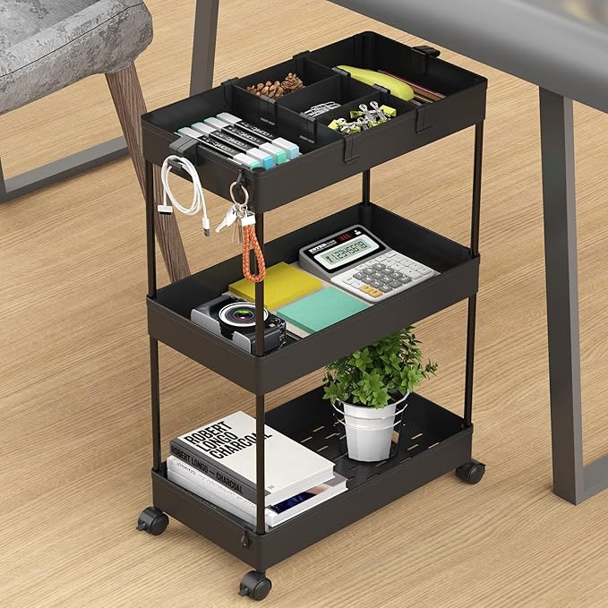 3 Tier Rolling Cart with Wheels, Storage Craft Art Trolley Organizer Serving, 3 Hanging Baskets Easy Assembly, for Office, Bathroom，Living Room, Kitchen, Black