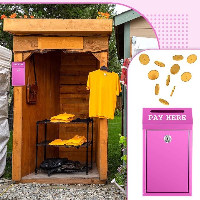 Yaocom Safe Metal Cash Box for Farm Stand – Money Drop and Secure Donation Collection, Wall Mount Lockable Unit with Pre Drilled Holes for Outdoor Self Serve(Rose Red,10.2 x 5.7 x 2.8 Inch)