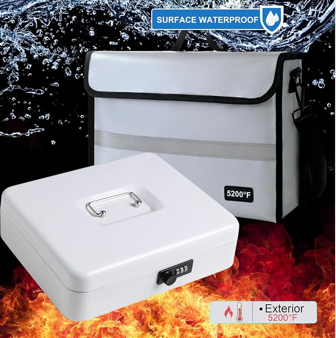 Fireproof Document Bag with Lock Box - Secure Cash, Contracts & Passports Combo