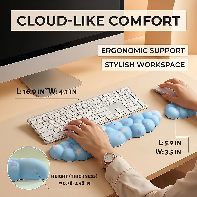 Cloud Wrist Rest Set for Keyboard & Mouse, 16.9", Blue Colorful Star | Memory Foam Arm Rest with Ergonomic Support Fits Full Keyboards and Reduces Typing Fatigue for Office, Gaming and Home Use