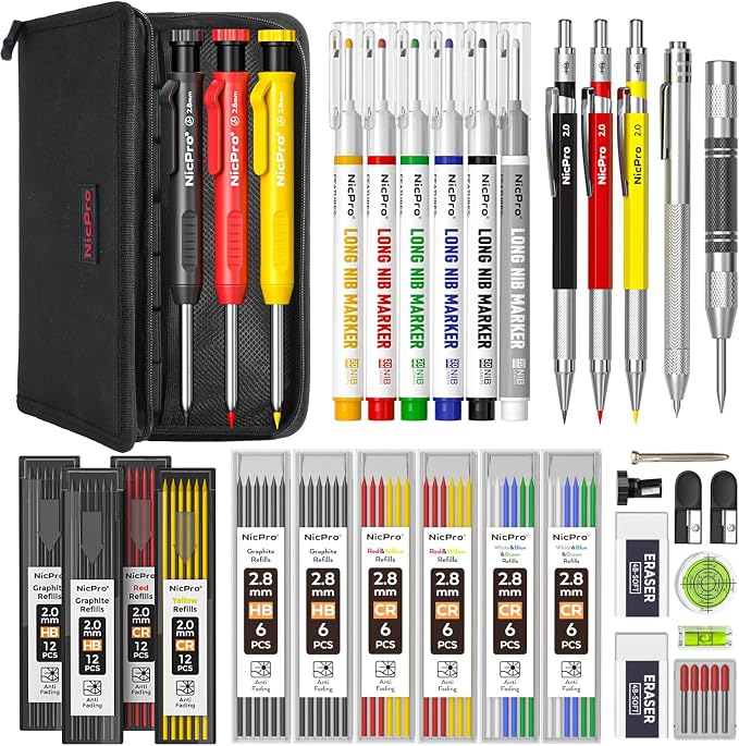 Nicpro 39 Pack Carpenter Pencil Set with Sharpener, Canvas Case | 102 Refill,Carpenter Pencil Set with 6 Deep Hole Long Nib Marker Pen, Scribe Tool, Construction Pencils for Architect Marking