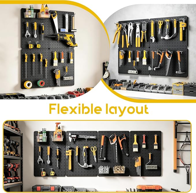 Steel Pegboard Tool Wall Organizer, 4 Pack 14.76 x 10.82 in, 6 Bins, Black | 6 clear storage bins organize screws and small parts; 36 hooks and 30 peg locks keep garage tools sorted and easy to reach.
