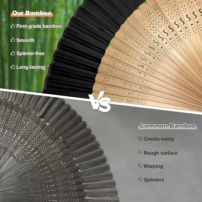 EOSAU Bamboo Hand Fan Foldable 8.3 Inch, Portable Folding Fan with Pouch for Church Wedding Makeup, Small Decorative Cooling Fan for Women (Black/Bamboo Frame)