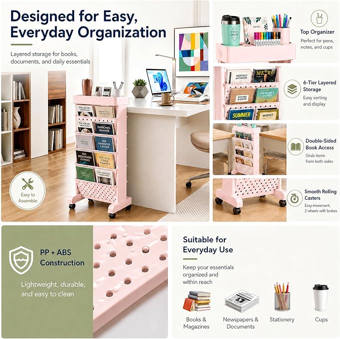 BYFU 6-Tier Movable Bookshelf Cart, Pink | Rolling Wheels, File Paper Storage Organizer, Mobile Bookcase, For Home Office Study Classroom