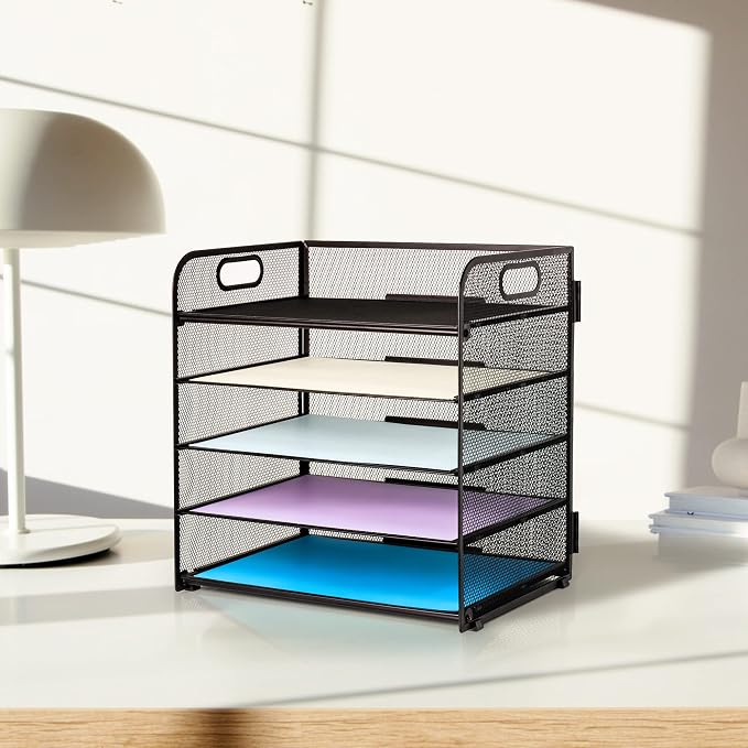 5 Trays Paper Organizer Letter Tray with Handle-Mesh Desk File Holders, Paper Sorter Desk Organizer for Office, Home, Classroom or School