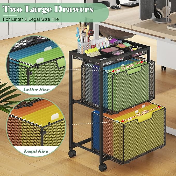 Rolling File Cart with 2 Drawers, Under Desk Storage Cabinet with DIY Divider, Letter/Legal Mobile Filling Cabinet on Wheels, Hanging File Folders Organizer, Metal Utility Cart for Home Office, Black