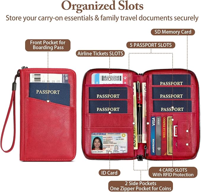 Family Passport Holder for Travel Women and Men Multiple RFID blocking Passport Holder MultiFunction Passport Wallet Passport Case Passport cover with Zipper
