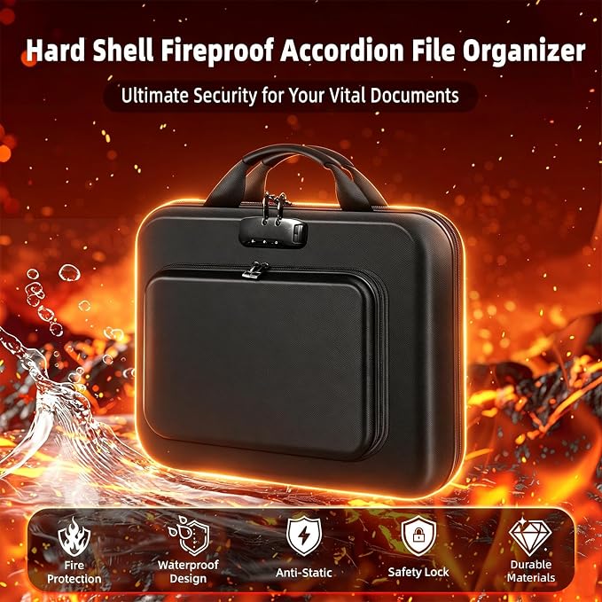 Hard Shell Fireproof Document Box with Combination Lock, 13 Pockets Accordion File Organizer, Important Document Safe for Home Office Travel, Waterproof Fire Proof Case Box for Certificates A4