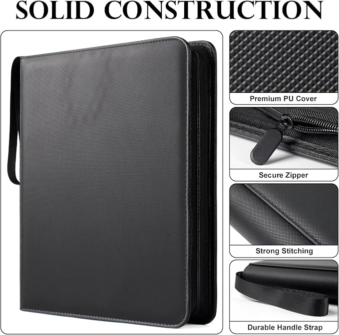 GEAoffice 12 Pocket Trading Card Binder, Premium PU Card Binder, Side Loading Card Album Folder for YuGiOh, MTG, TCG, Game & Sports, Zip Closure, Non-PVC, Black