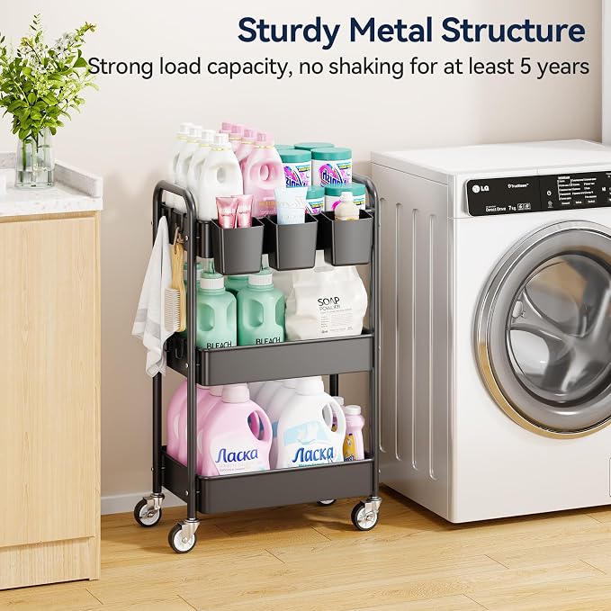3 Tier Rolling Cart, Heavy Duty Metal Utility Cart with Wheel Black | Sturdy Rolling Storage Cart With Hooks & Hanging Cups, Great For Craft, Art Workspace, Kitchen ,Snack And Office Storage