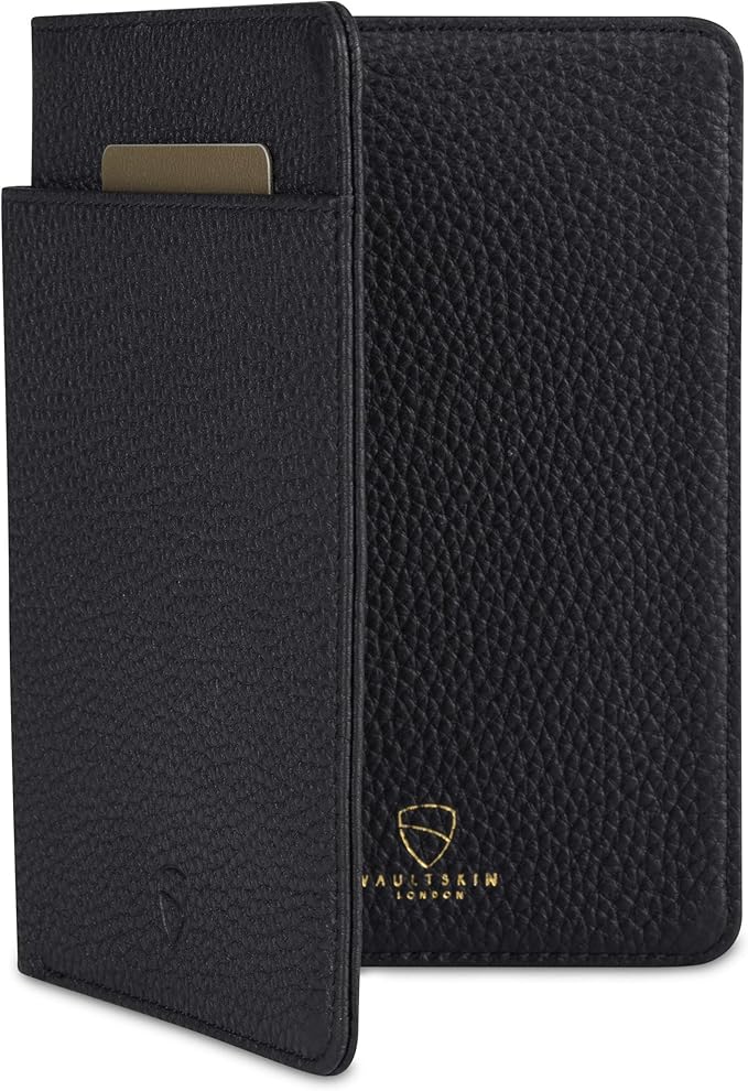 Vaultskin KENSINGTON Passport Holder for Travel, RFID Wallet (Matt Black) | Slim genuine leather book cover, small case for men and women, inner sleeve, cards, cash, scan blocking protection, gift box
