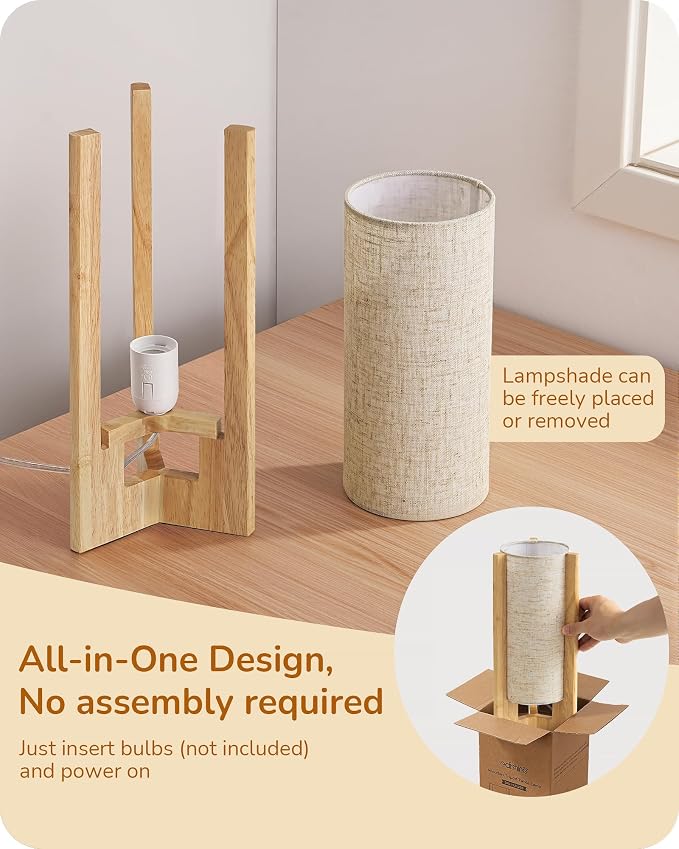 EDISHINE Small Cute Table Lamp, Natural Wood Nightstand Lamp, 13.5", E26 | Cylinder, Beige Linen Shade, On-Off Line Switch, Three-Sided Base, Corner Modern Bedside Lamp for Living Room, Bedroom