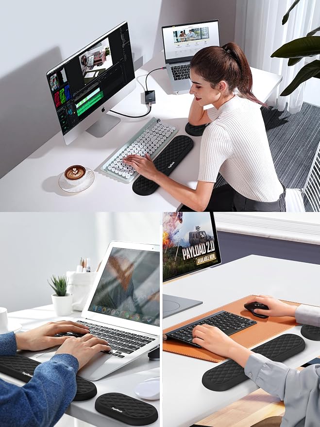 TopMade Upgraded Wider Wrist Rest Set, Soft Memory Foam Keyboard Hand Rest Pad, Computer Ergonomic Keyboard Mouse Wrist Support for Typing Pain Relief, Comfort for Office, Gaming, Study, Black