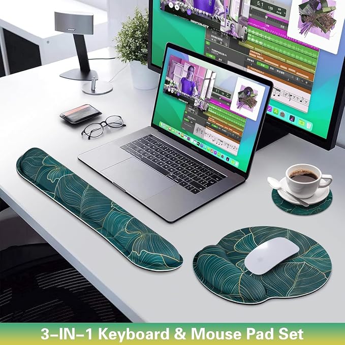 Mouse Pad with Wrist Rest Set, 3-in-1 Wrist Support Mousepad | Gaming Mat Pad with Anti-Skid Base,Ergonomic Mouse Pad Green,Memory Foam Gel Wrist Rest for Computer Keyboard