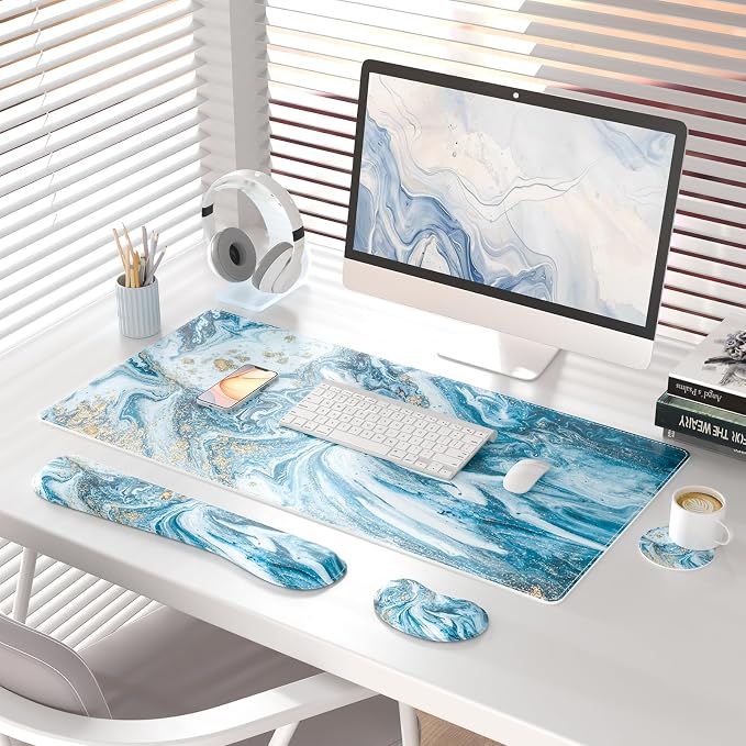 QIYI PU Leather Desk Mat Set, 4-in-1 Ergonomic Wrist Rest, Blue Marble | Waterproof Large Mouse Pad 31.5×15.7 + Keyboard Wrist Rest + Mouse Wrist Support+Coaster, Non-Slip Office Gaming Accessories