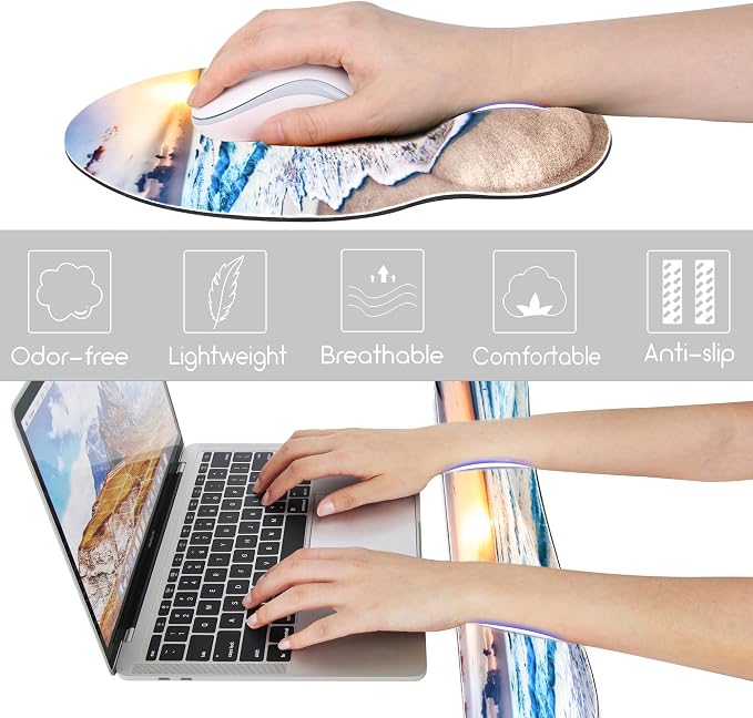 Ergonomic Mouse Pad with Wrist Rest and Keyboard Wrist Rest, Mousepad | Memory Foam Wrist Rest for Computer Keyboard, Pain Relief, Non-Slip Rubber Base, Mouse Pad Wrist Support for Gaming, Beach