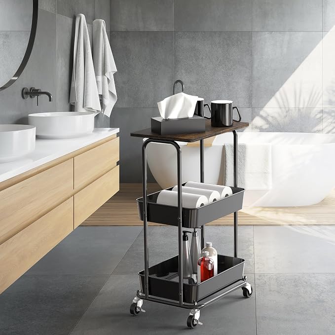 Simple Houseware 2-Tier Utility Cart Wood Top/Lockable Wheel, Rustic Brown | 2-Tier Metal Storage Organizer Trolley for Kitchen, Bathroom, Office, Craft Room