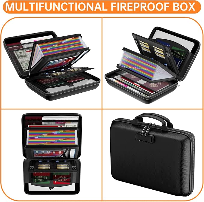 ENGPOW Fireproof Document Box with Lock & 25-Pocket Accordion File Folder | Fire&Water Resistant,Hard Case File Organizer with Handle,Portable Home Office Safe Storage for Important Documents,Laptop