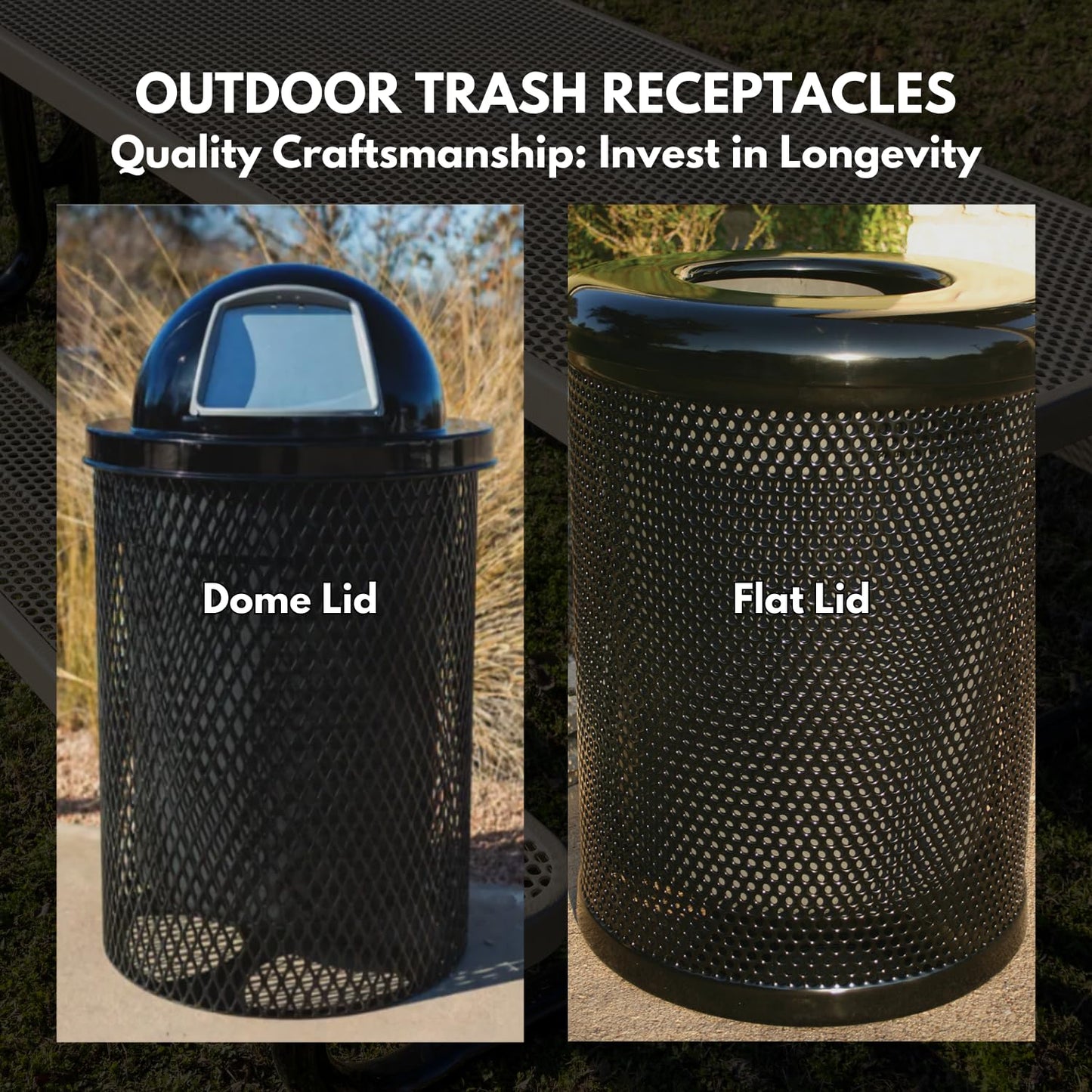 RFT-P-DGRN Heavy Duty Round Trash Receptacle with Flat Top, Liner Included, 32 Gallon, Dark Green, Made in America
