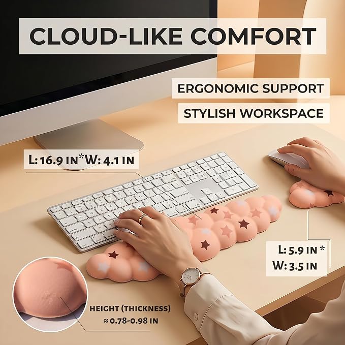 Cloud Wrist Rest Set for Keyboard & Mouse, Milk Tea Colorful Star | Memory Foam Arm Rest with Ergonomic Support Fits Full Keyboards and Reduces Typing Fatigue for Office, Gaming and Home Use