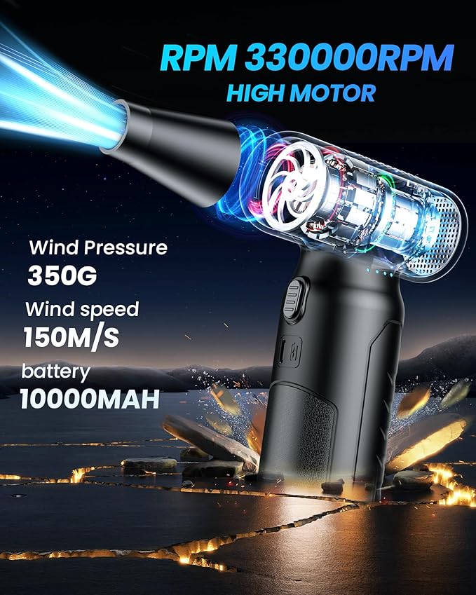 Electric Compressed Air Duster - 33,0000 RPM High-Speed Air Blower Gun, Rechargeable Mini Turbo Fan Cordless for Keyboard, PC, Car, Home & Outdoor Cleaning Dust, Replaces Compressed Air Cans