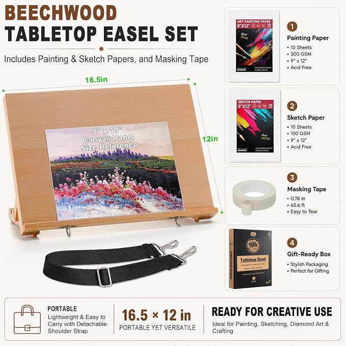 16.5"x12" Beechwood Tabletop Easel with Paint and Sketch Papers,Mask Tape | Portable Adjustable Art Easel with Detachable Strap, Drawing Board for Painting, Sketching and Diamond Art