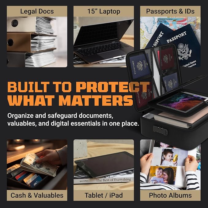 FIRESHIELD PRO 5200°F Fireproof Document Box with Lock – Fire Safe Organizer with Laptop, Tablet & Cards Pockets – Water Resistant, Multi-Pocket Storage for Travel, Home or Office – 15" x 11" x 4.1"