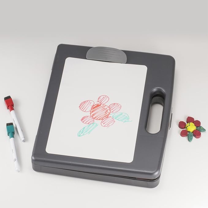 Officemate Clipboard Box with Dry Erase Board, 12 x 13-Inches, Storage Compartments and Carry Handle, Letter and A4 Document Organizer with Front Clip, Charcoal