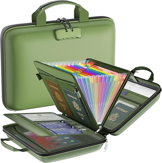 Tamfile Fireproof File Organizer with Lock,Hard Case Fireproof Document Box | 13 Colour Pockets Accordion File Folder, Office Home Important Document Organizer for Letter A4 Files Laptop Passports,Green