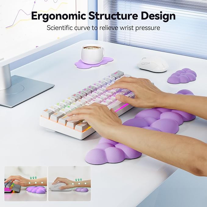 TECKNET Cloud Keyboard Wrist Rest Set, Cloud Wrist Rest with Non-Slip Base, PU Leather Wrist Pad for Keyboard with Ergonomic Memory Foam for Computer Laptop Office Gaming and Pain Relief, Purple
