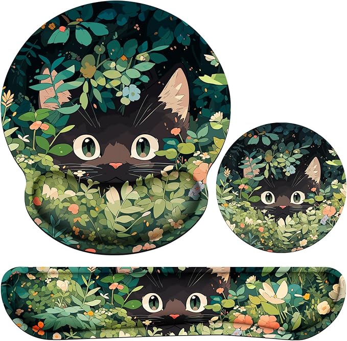 Ergonomic Keyboard Wrist Rest, Mouse Pad with Wrist Rest Anime | Cat Gaming Mousepad with Wrist Support, Memory Foam Wrist Rest Set for Computer Keyboard, Funny Cute Office Desk Accessories