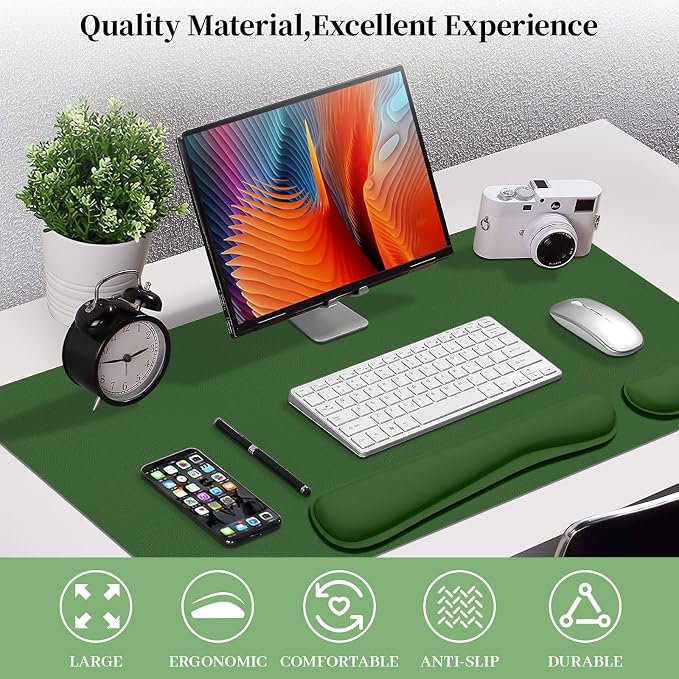 Keyboard and Mouse Pad, 3-in-1 Desk Mat Set Keyboard Wrist Rest | 31.5" x 15.7" Desk Mat, Ergonomic Wrist Rest for Computer Keyboard, Non-slip Base, Waterproof Computer Mat, Olive Green