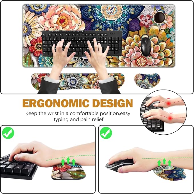 ToLuLu Extended Gaming Mouse Pad, Ergonomic Keyboard Mouse Wrist Rest Set | Large Desk Mat with Stitched Edges, Non-Slip Base Memory Foam Support Mousepad for Home Office Game, Colorful Flower