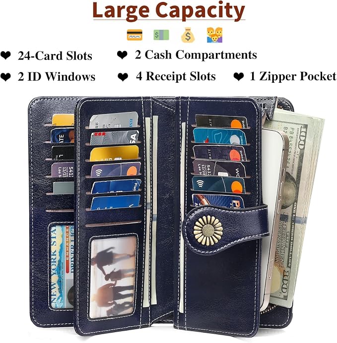 SENDEFN Wallets for Women Leather Credit Card Holder with RFID Blocking Large Capacity Wristlet | with RFID Blocking