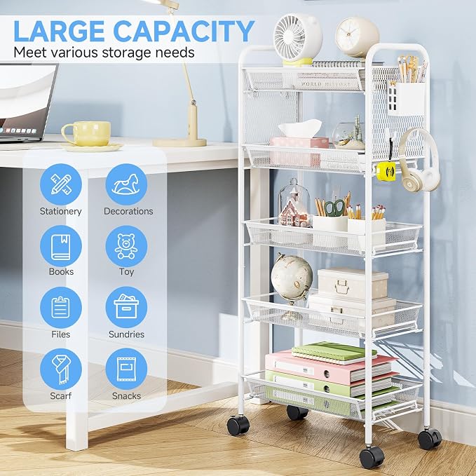 KINGRACK 5 Tier Rolling Cart, Metal Utility Storage Cart with Pegboard | Screwless Assembly, Lockable Wheels, 4 Hooks & 1 Bin, Mobile Organizer for Bathroom Kitchen Office Craft Room Laundry, White
