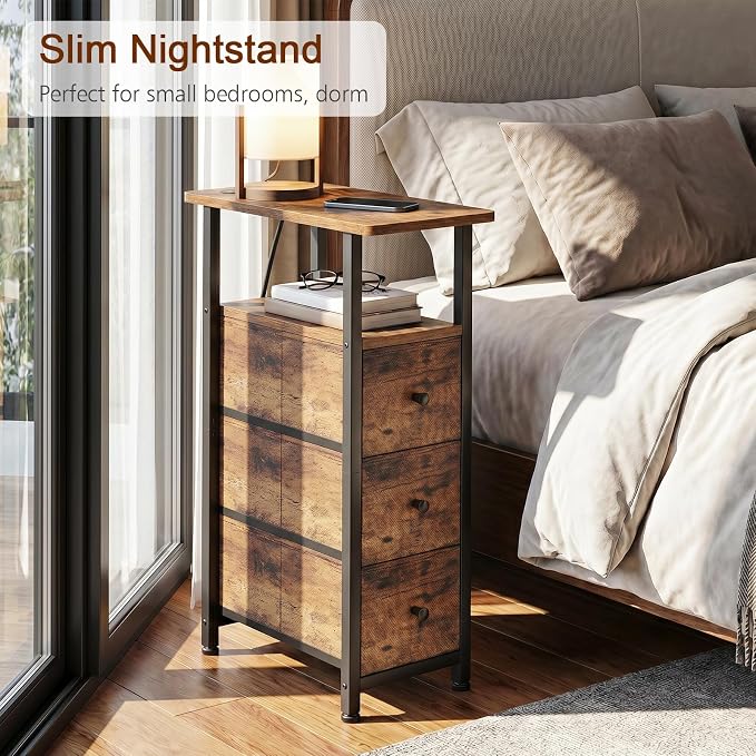 Narrow End Table with Charging Station, Small Nightstand | Skinny Side Tables Living Room with 3 Fabric Drawers, Slim Bedside Table for Bedroom, Small Spaces, Couch, Brown