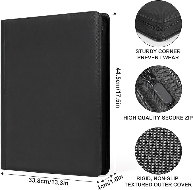 GEAoffice 16 Pocket Trading Card Binder for 1000+ Cards, Ringless Side-Loading 4x4 Card Binder with Zipper Closure, PU Leather 1024 Card Binder for MTG/TCG/Baseball/Sports&Game Cards, Black