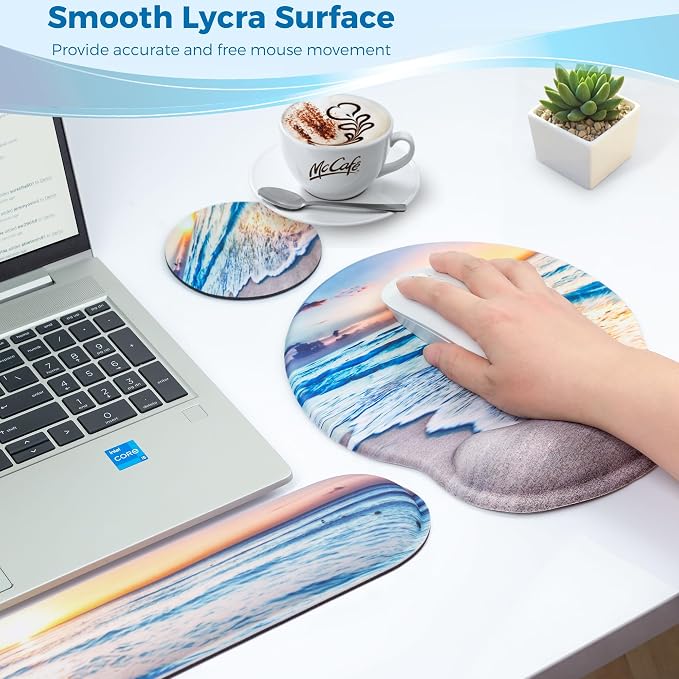 Mouse Pad and Keyboard Wrist Rest Support,Ergonomic Mouse Pad Set | Mousepad With Coaster and Non-Slip PU Base,Pain Relief for Desk Desktop Gaming, Computer,Office -Beach