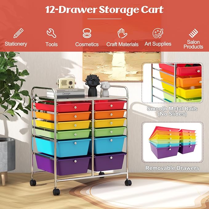 COSTWAY 12-Drawer Rolling Storage Cart, Moveable Art Craft Organizer | Lockable Wheels, Metal Shelf, Files Arrangement Tools Makeup Storage Cart for Office, Home, School (Multi-Color)
