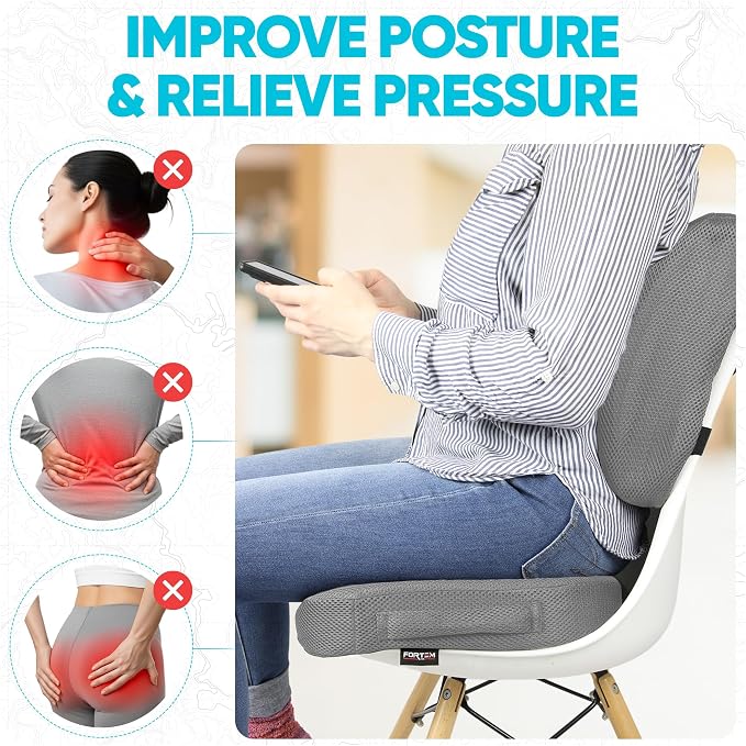 FORTEM Seat Cushion, Office Chair Cushion, Lumbar Support Pillow for Office Chair, Memory Foam Car Seat Cushions, Sciatica Coccyx Tailbone Pain Relief, Cushions for Back Support, Washable, Non Slip